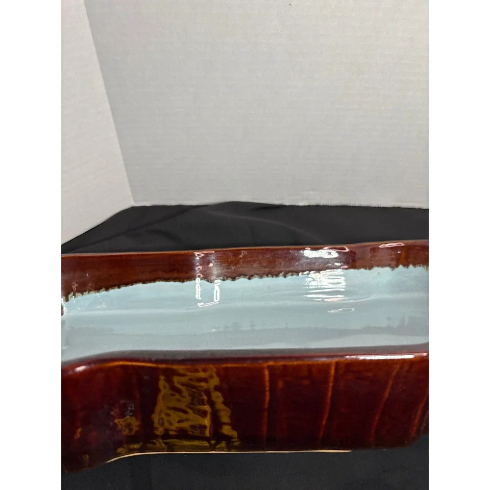 Rectangular Serving Platter Brown Rim Light Blue‎ Center Decorative Display Tray